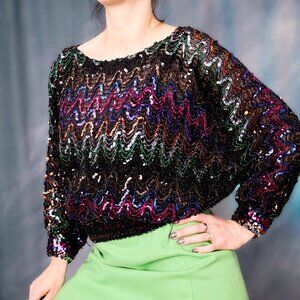 Vintage 70's Sequin and Ribbon Batwing Sleeve Top